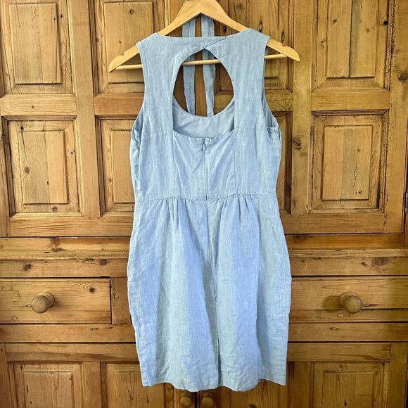 Ann Taylor LOFT Size 2 Blue Linen‎ Tank Dress Open Back Classic Pockets Belted - Picture 6 of 11